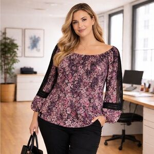 Angie Boho Floral Peasant Top 2X Pink Black Smocked Long Sleeve Rayon